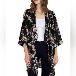 Tahari Black Floral Kimono Robe